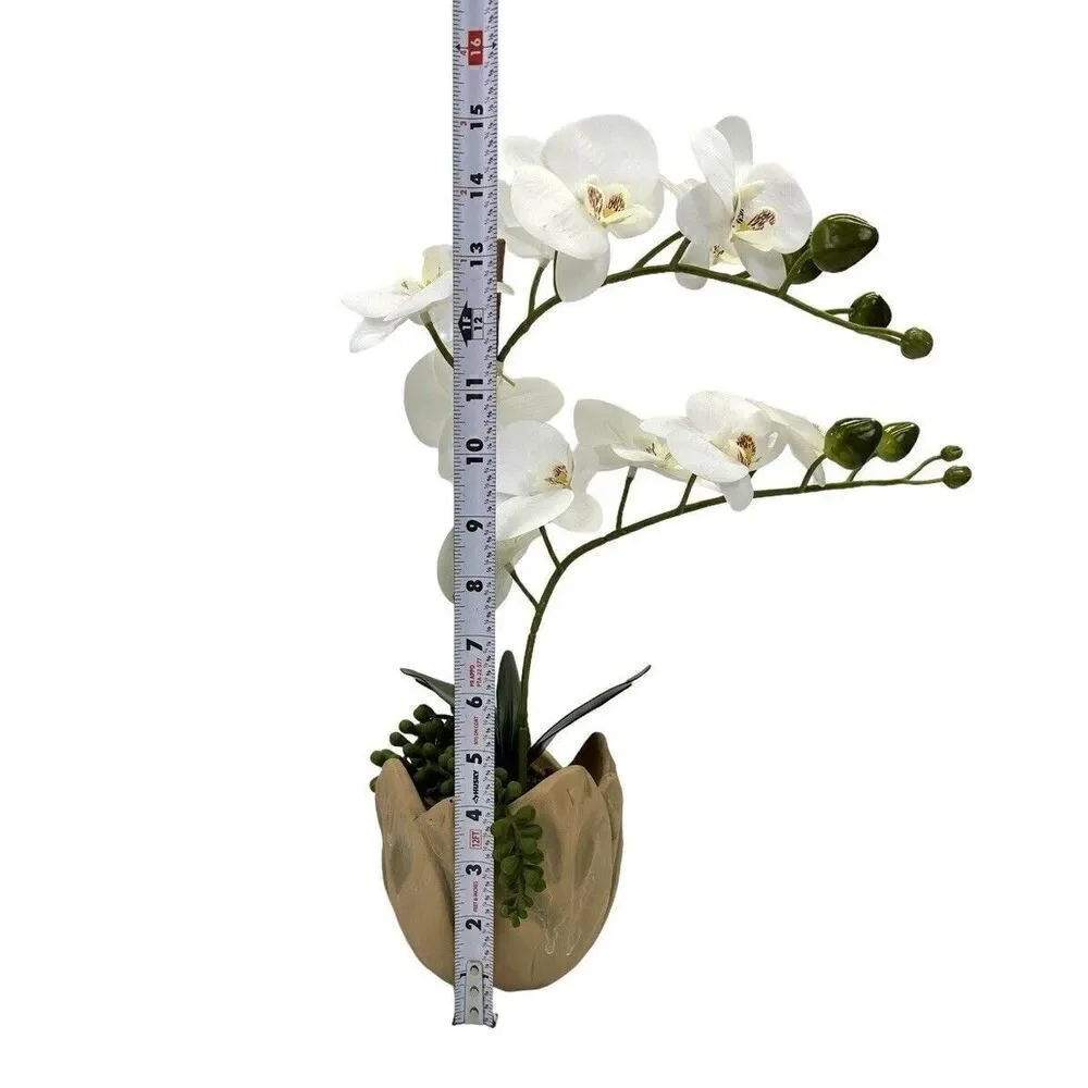 New Faux White 15 Inch Orchid In Ceramic Pot With Artificial Greenery